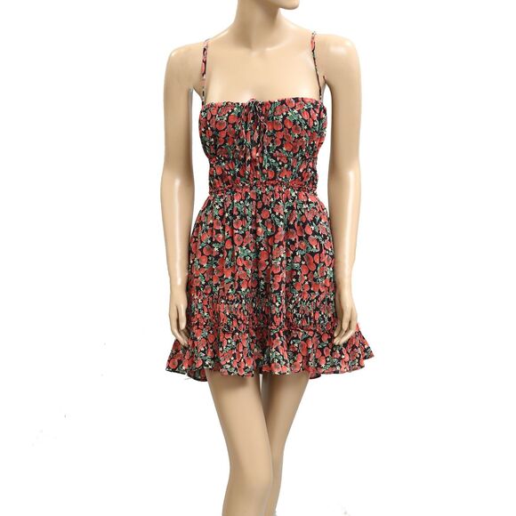 Free People Taking Sides Printed Mini Dress Tomato Tiered Ruffle Cotton M 283183 - Picture 5 of 9